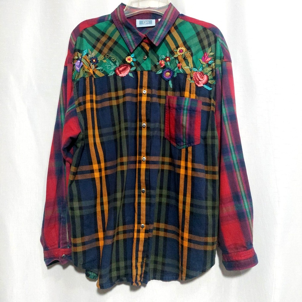 QPS Missy XL Western Mixed Plaid Floral Embroidery Button Down Flannel Pocket